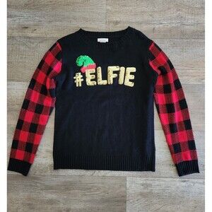 "ELFIE" CHRISTMAS SWEATER by SELF ESTEEM Womens Small Crew Neck Buffalo Plaid
